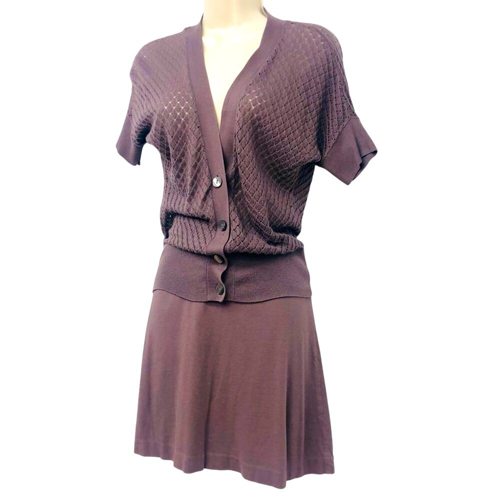 Ann Taylor Mauve Knit Skirt and Short Sleeve Cardigan Matched Set V Neckline